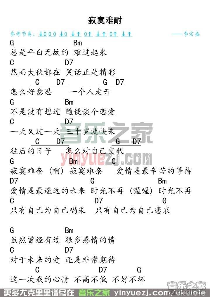 寂寞难耐尤克里里谱子,简单G调指弹曲谱,李宗盛歌曲,高清六线乐谱