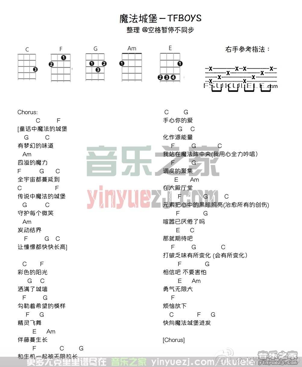 魔法城堡尤克里里谱子,简单C调指弹曲谱,TFBOYS歌曲,高清六线乐谱