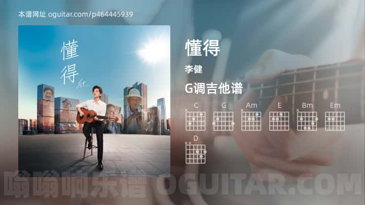 《懂得》吉他谱,简单G调弹唱教学,原版李健歌曲,3张六线指弹简谱图