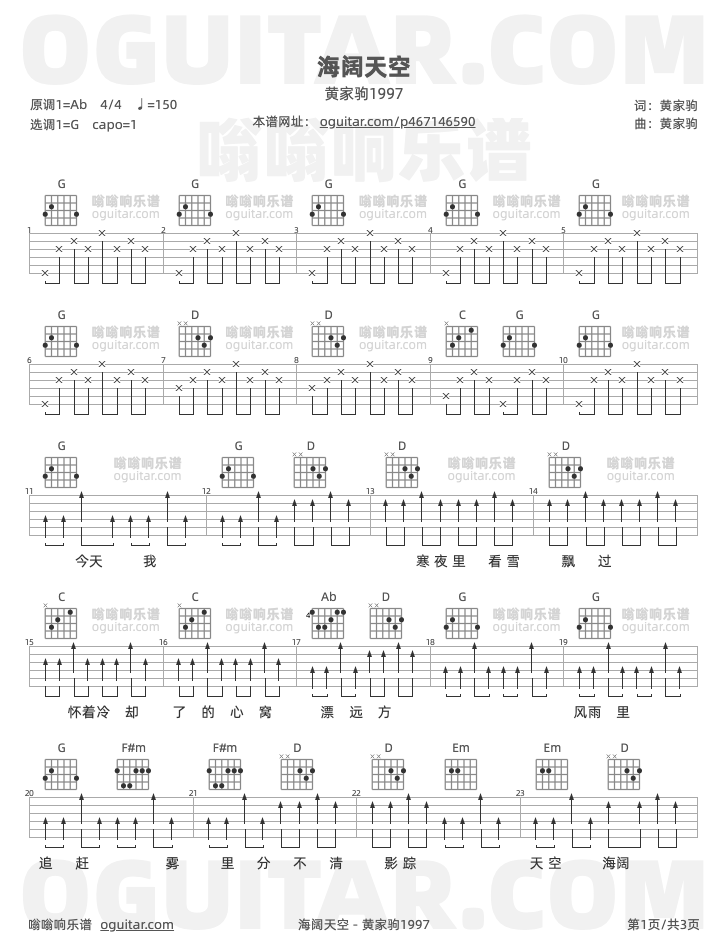 海阔天空 黄家驹1997 吉他谱第1页