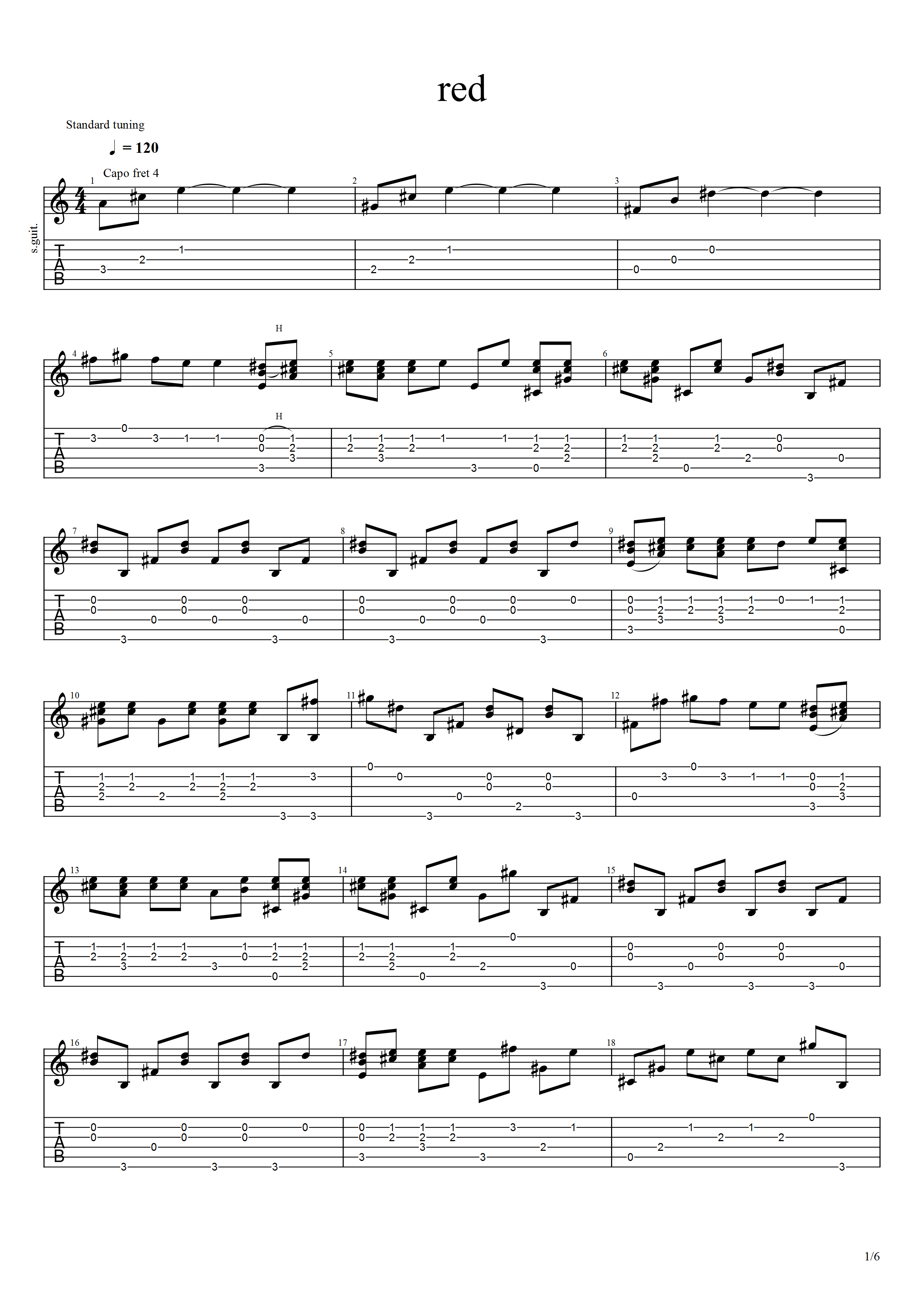 Red吉他谱,原版Taylorswift歌曲,简单C调弹唱教学,六线谱指弹简谱6张图