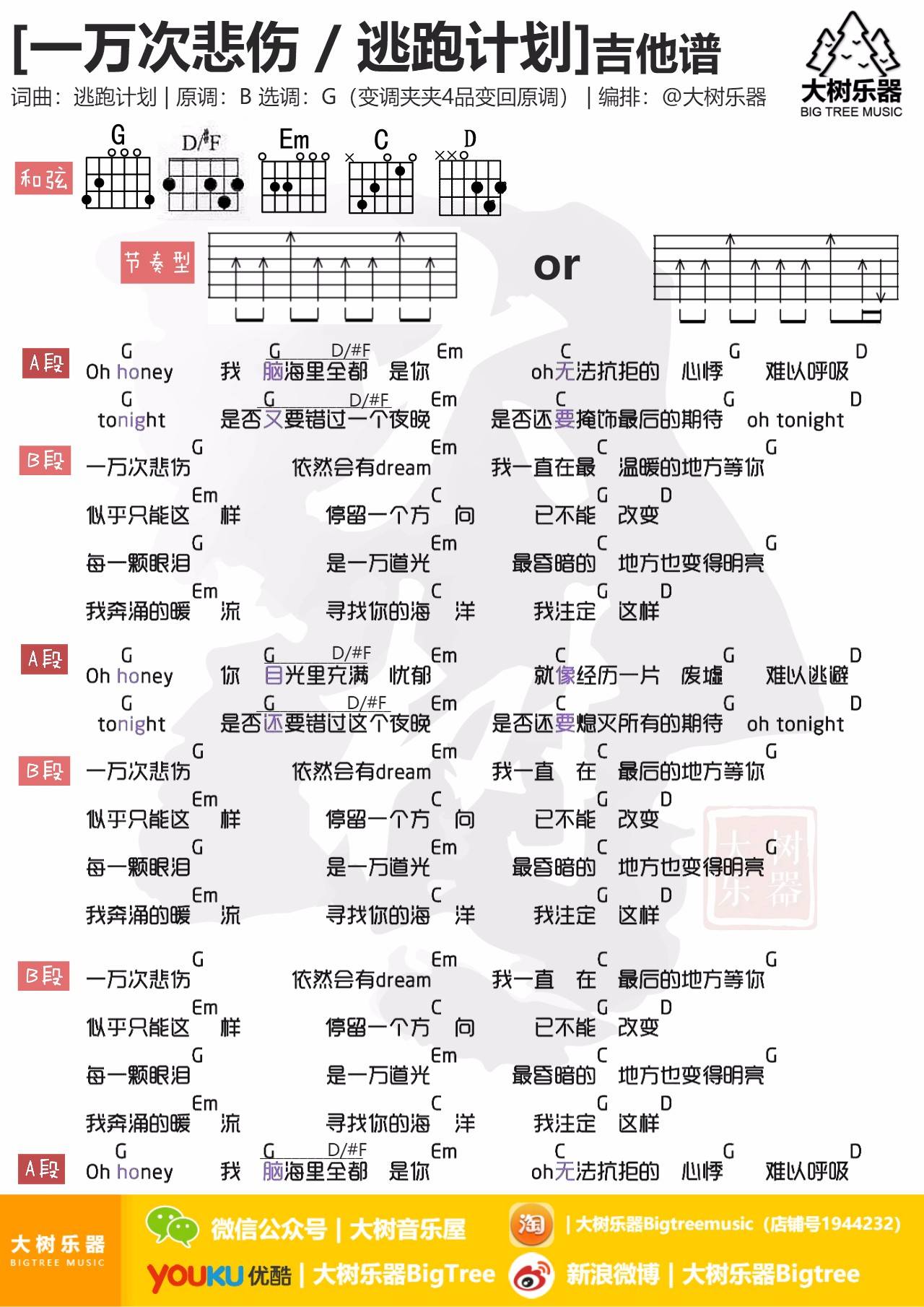 逃跑计划《一万次悲伤》吉他谱_G调吉他弹唱谱_入门版 - 打谱啦