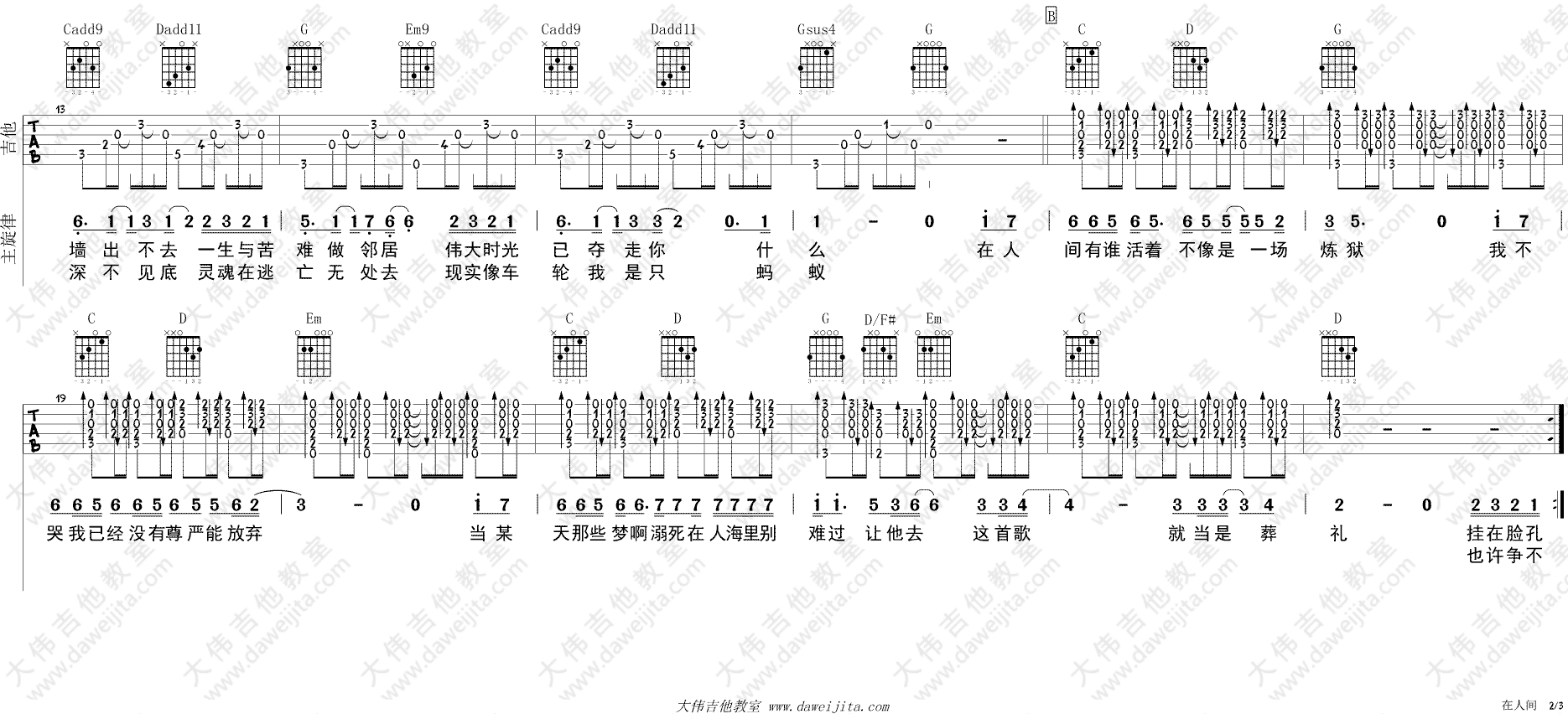 在人间吉他谱 G调入门版 - 王建房 - 多谱网