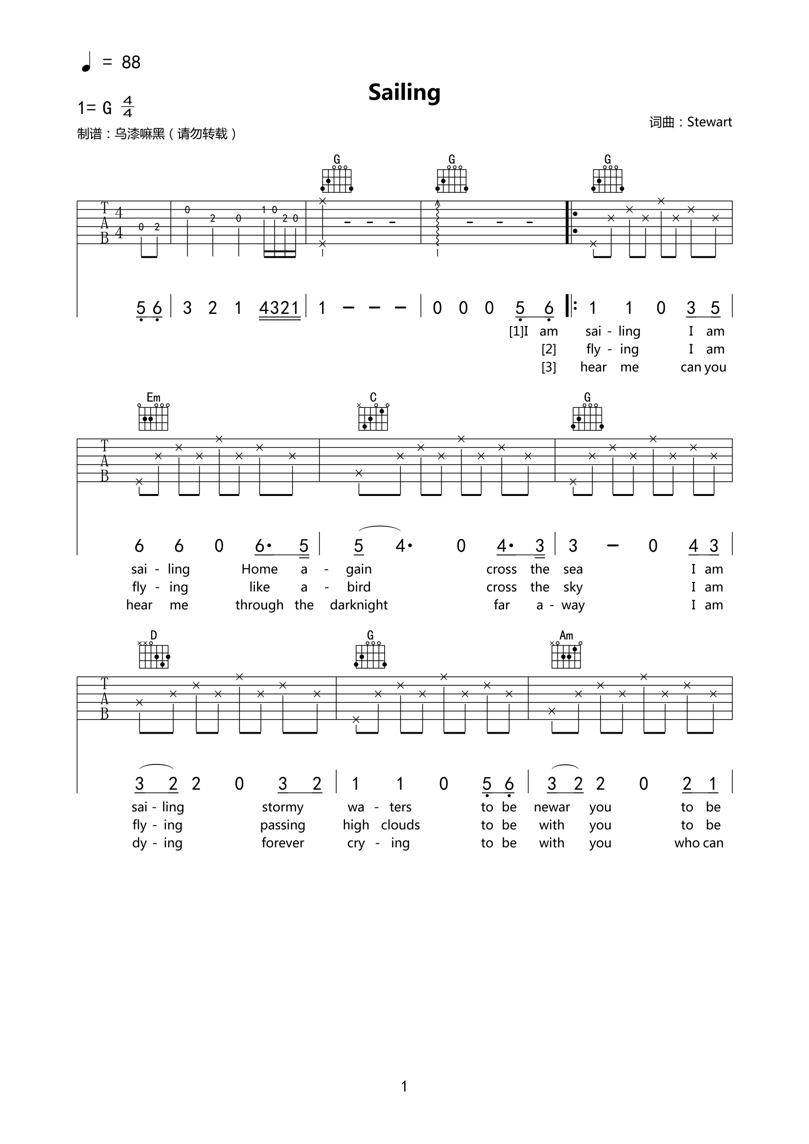Sailing吉他谱,原版RodStewart歌曲,简单G调弹唱教学,六线谱指弹简谱2张图