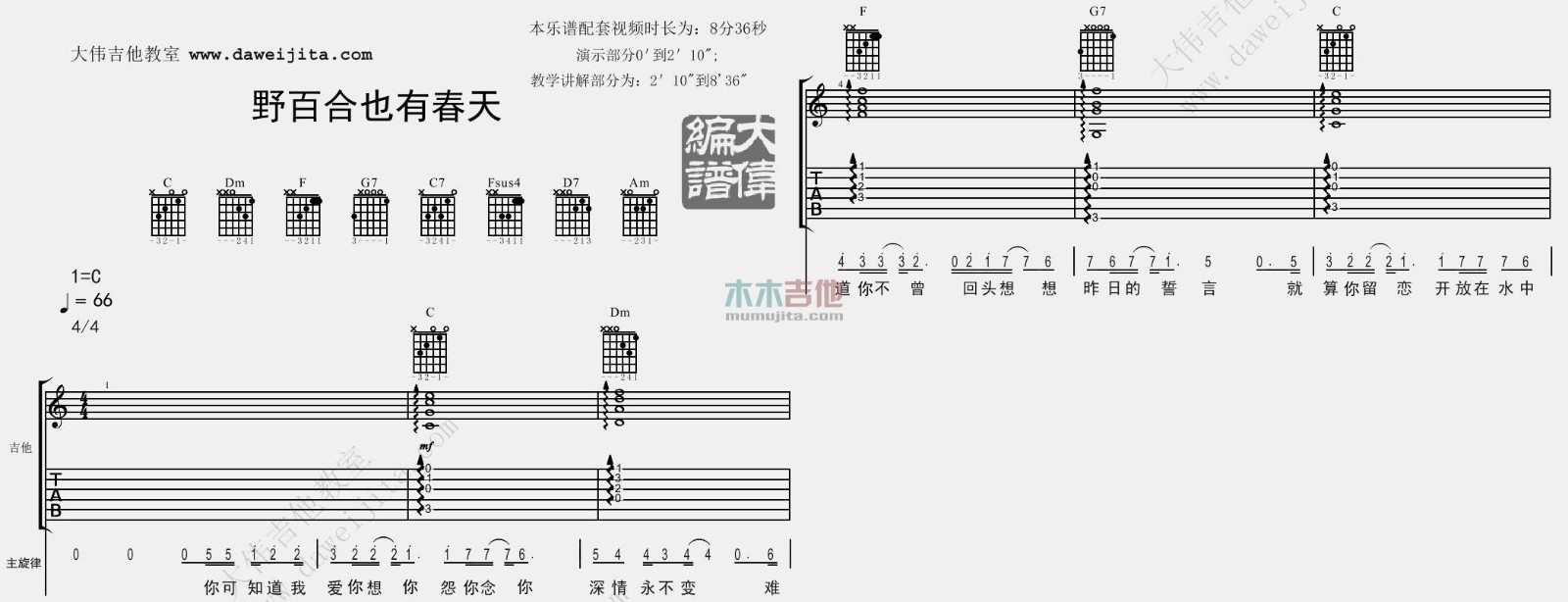 野百合也有春天吉他谱_罗大佑_C调原版_吉他弹唱演示/教学