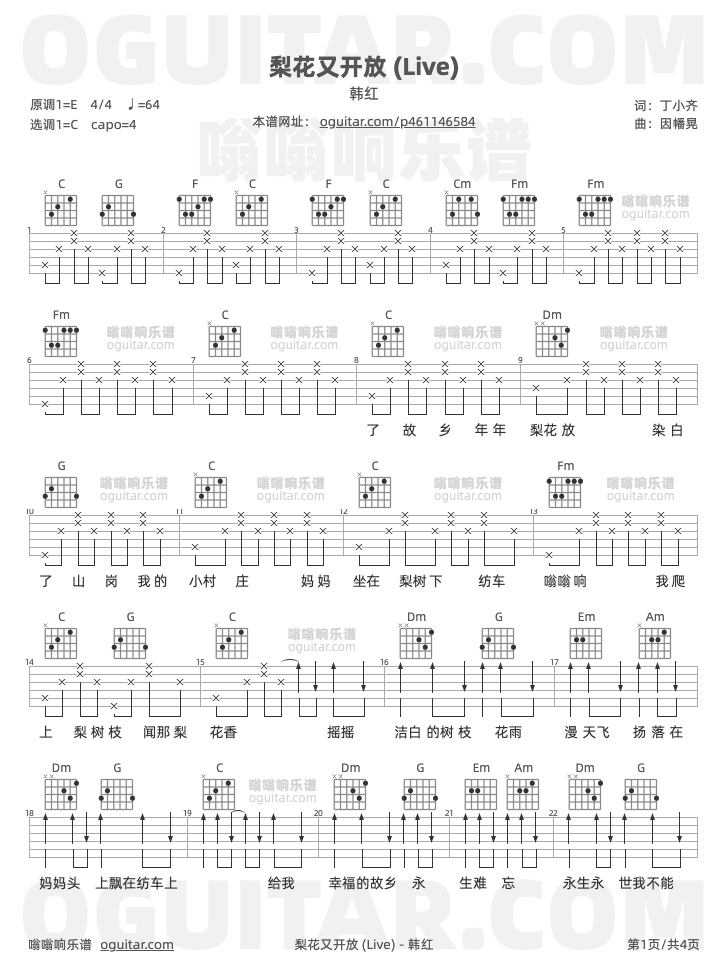 梨花又开放 (Live) 韩红 吉他谱第1页