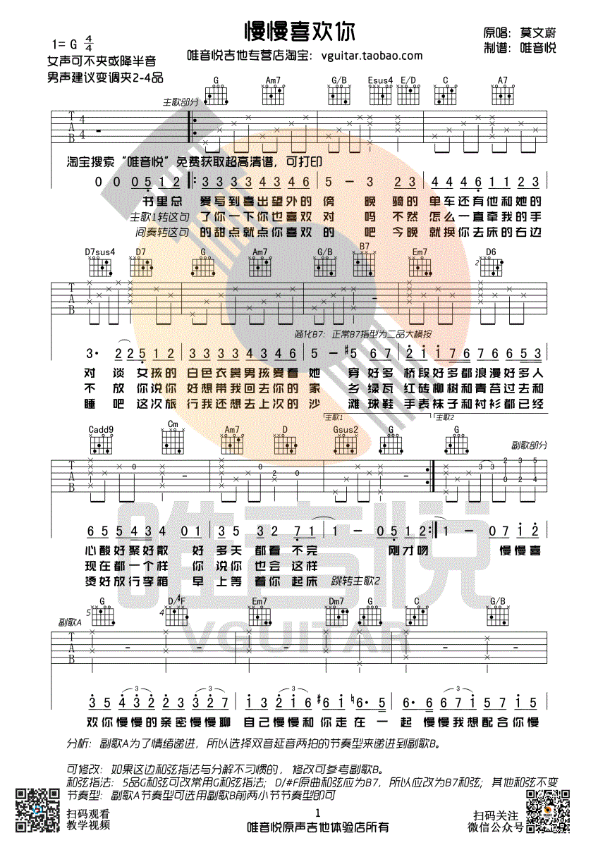 莫文蔚慢慢喜欢你吉他谱,简单G调原版弹唱曲谱,莫文蔚高清六线谱附歌词