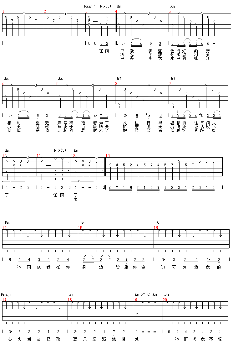 冷雨夜吉他谱,原版歌曲,简单原版弹弹唱教学,六线谱指弹简谱2张图