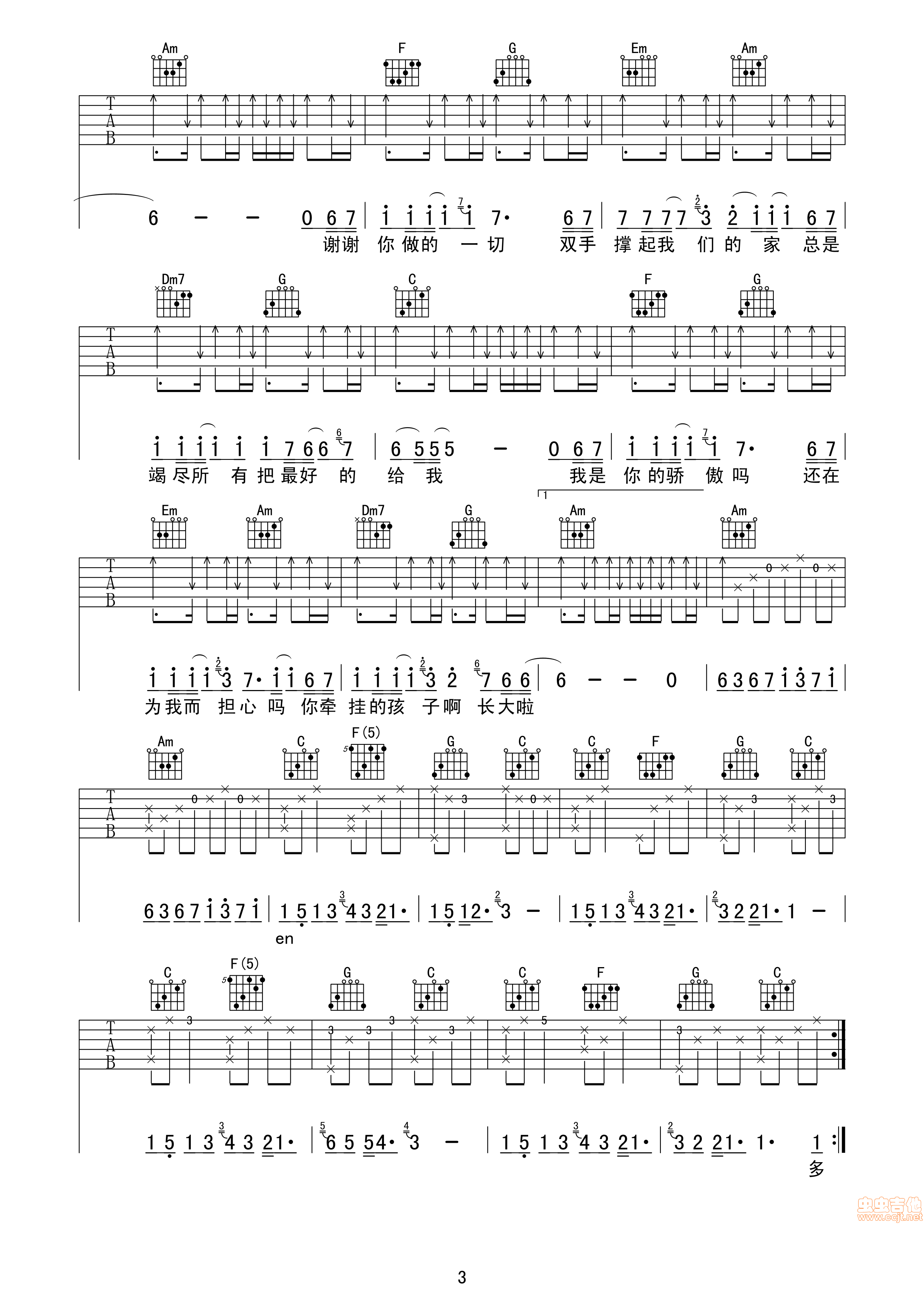 父亲吉他谱-筷子兄弟-C调简单版-吉他弹唱六线谱-简谱网