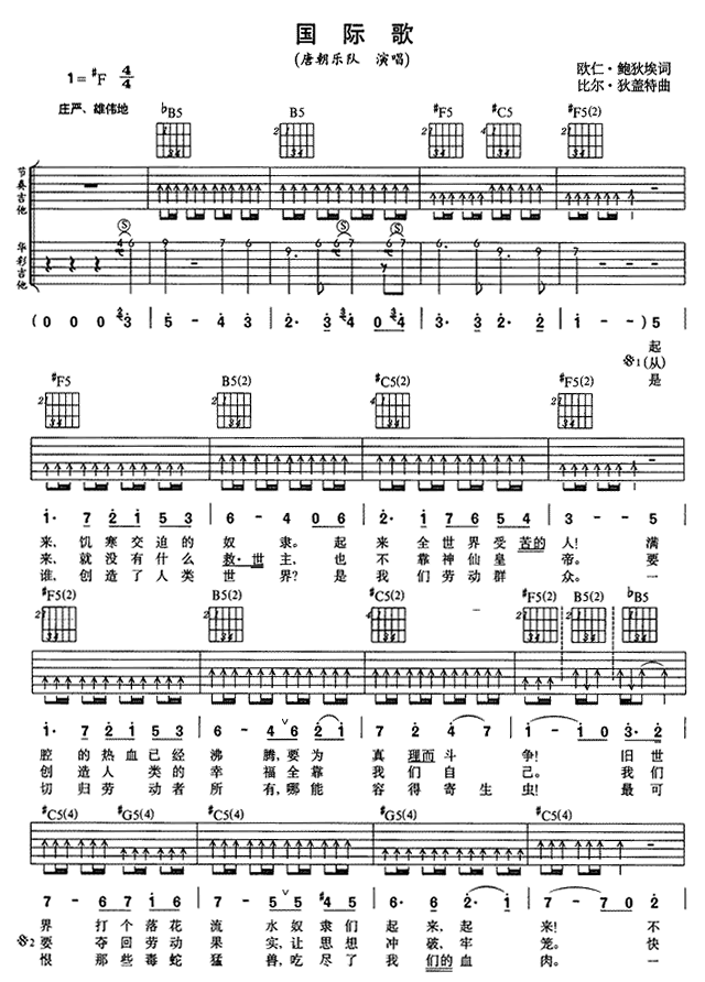 国际歌吉他谱,原版歌曲,简单F调弹唱教学,六线谱指弹简谱2张图