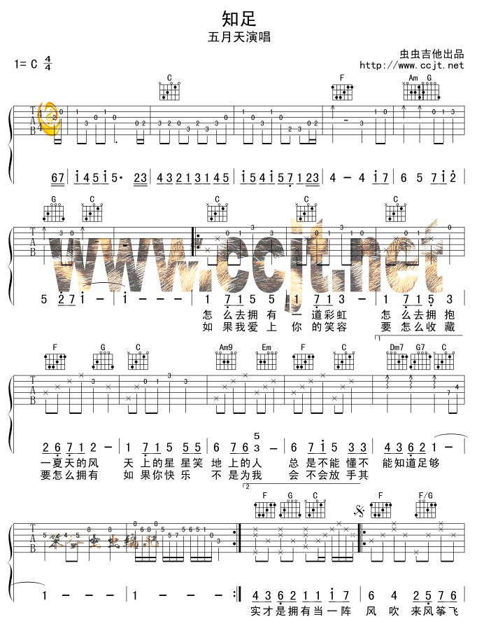 知足吉他谱,原版歌曲,简单C调弹唱教学,六线谱指弹简谱3张图