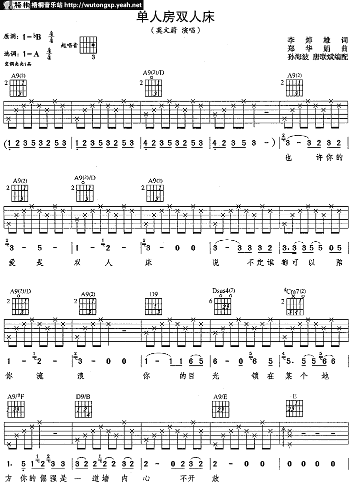 单人房双人床吉他谱,原版歌曲,简单B调弹唱教学,六线谱指弹简谱4张图