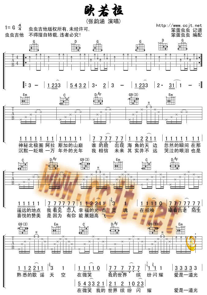 欧若拉吉他谱,原版歌曲,简单G调弹唱教学,六线谱指弹简谱2张图