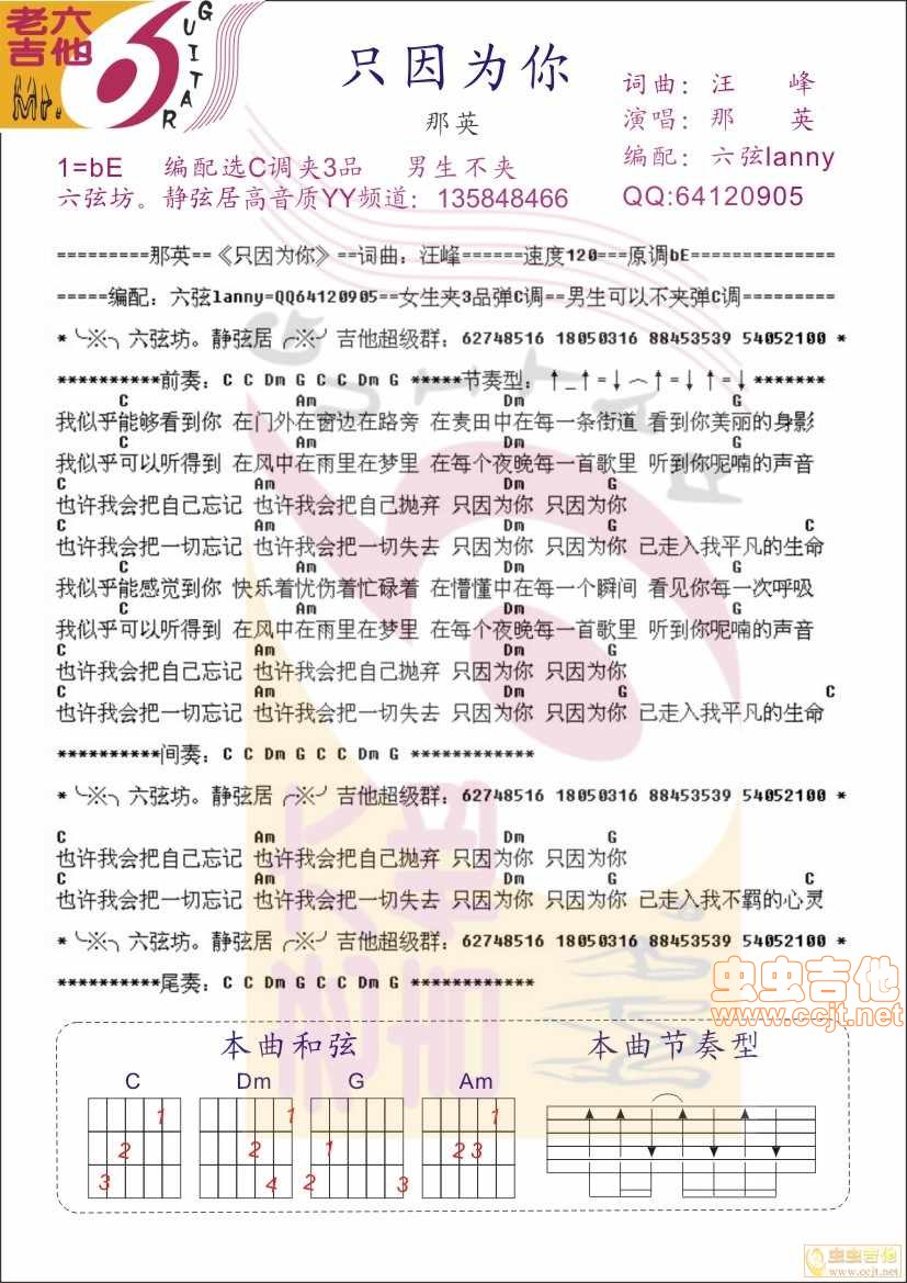 只因为你吉他谱,原版歌曲,简单B调弹唱教学,六线谱指弹简谱1张图