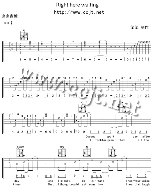 rightherewaiting吉他谱,原版歌曲,简单C调弹唱教学,六线谱指弹简谱3张图