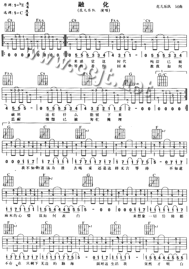 融化吉他谱,原版歌曲,简单C调弹唱教学,六线谱指弹简谱2张图