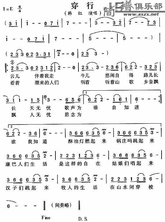 穿行吉他谱,原版歌曲,简单E调弹唱教学,六线谱指弹简谱1张图