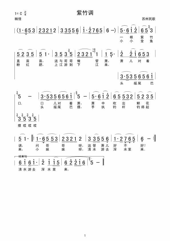 紫竹调吉他谱,原版歌曲,简单C调弹唱教学,六线谱指弹简谱1张图