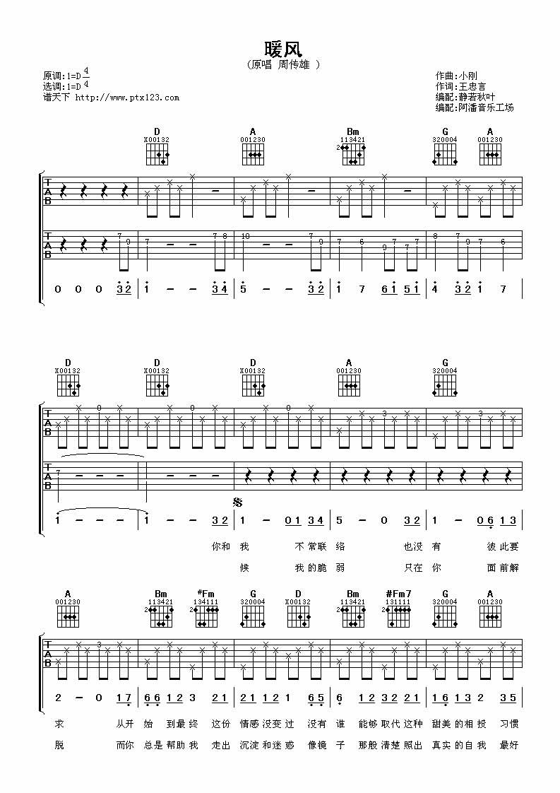 暖风吉他谱,原版歌曲,简单D调弹唱教学,六线谱指弹简谱5张图
