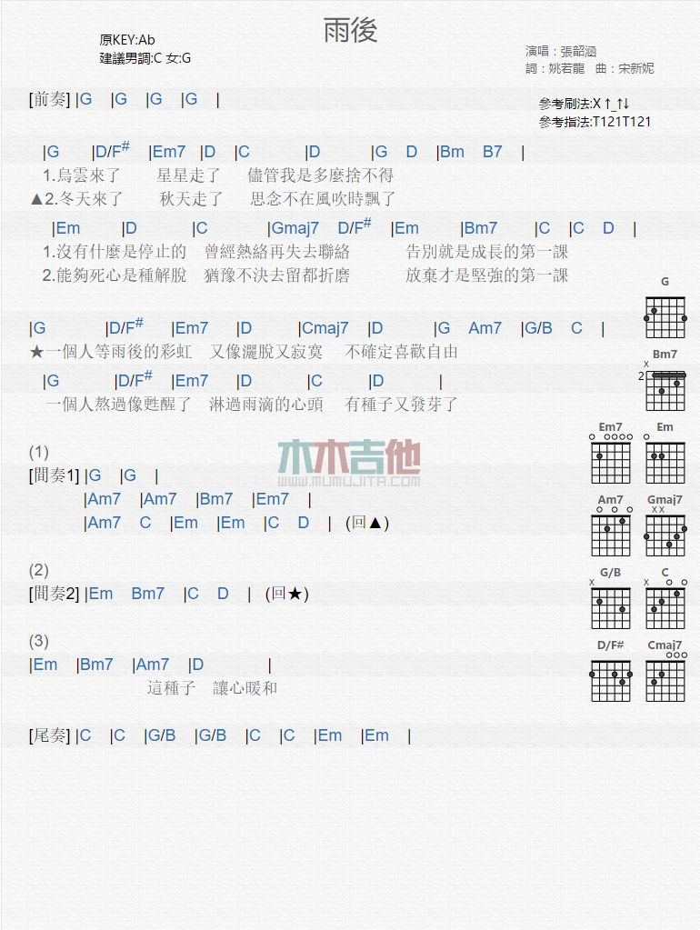 雨后吉他谱,简单C调原版指弹曲谱,张韶涵高清流行弹唱六线乐谱