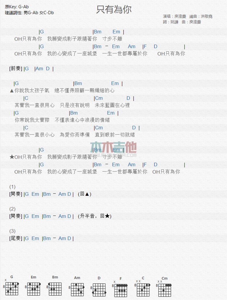 只有为你吉他谱,简单C调原版指弹曲谱,庾澄庆高清流行弹唱六线乐谱