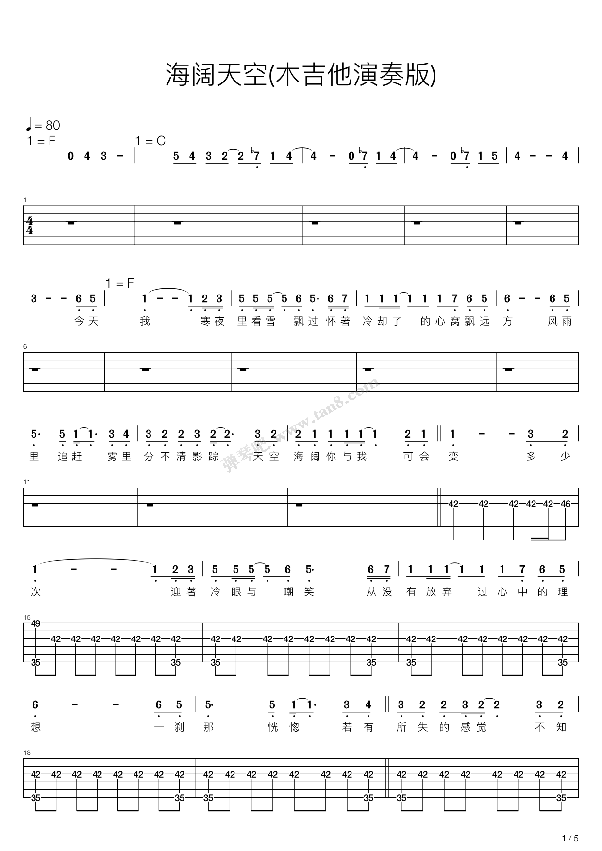 海阔天空 吉他 扫描版 Beyond 吉他谱 和弦谱,简谱,五线谱