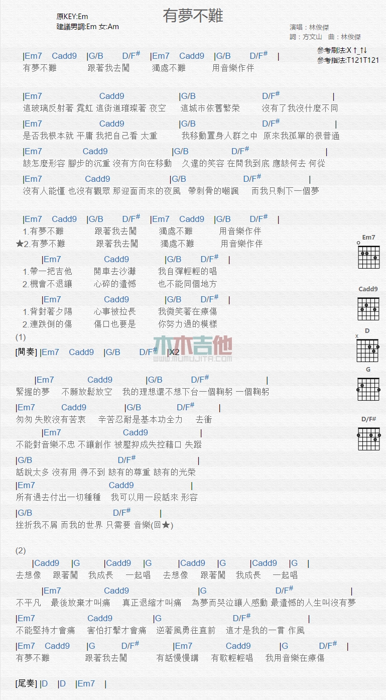 有梦不难 吉他谱