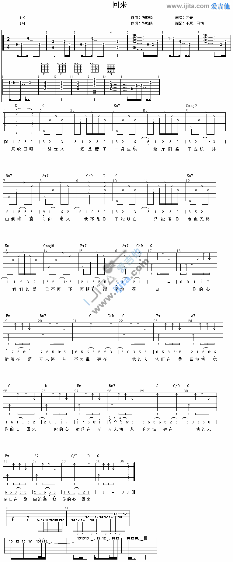 回来吉他谱,简单C调原版指弹曲谱,齐秦高清流行弹唱六线乐谱