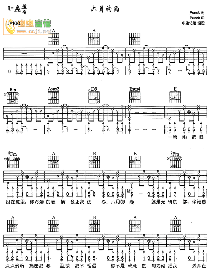 六月的雨(吉他谱,原版歌曲,简单A调弹唱教学,六线谱指弹简谱3张图