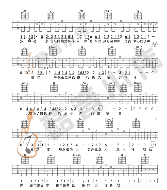 《喜欢你吉他谱》_BEYOND_F调 图二
