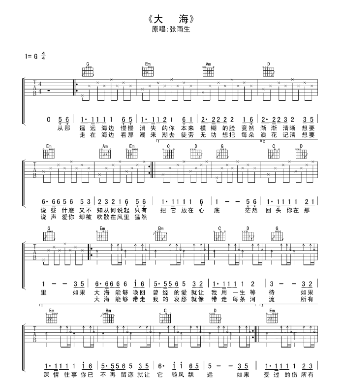 《大海吉他谱》_小沈阳_G调 图一