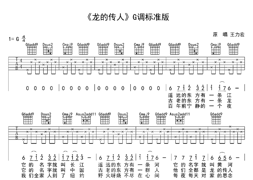 龙的传人吉他谱,原版歌曲,简单G调弹唱教学,六线谱指弹简谱2张图
