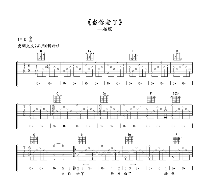 当你老了吉他谱,原版歌曲,简单D调弹唱教学,六线谱指弹简谱6张图