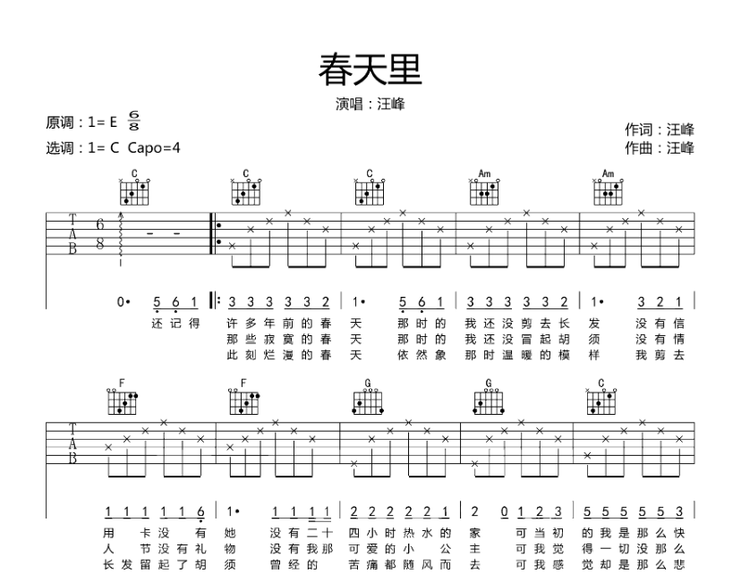 《春天里吉他谱》_张靓颖_E调 图一