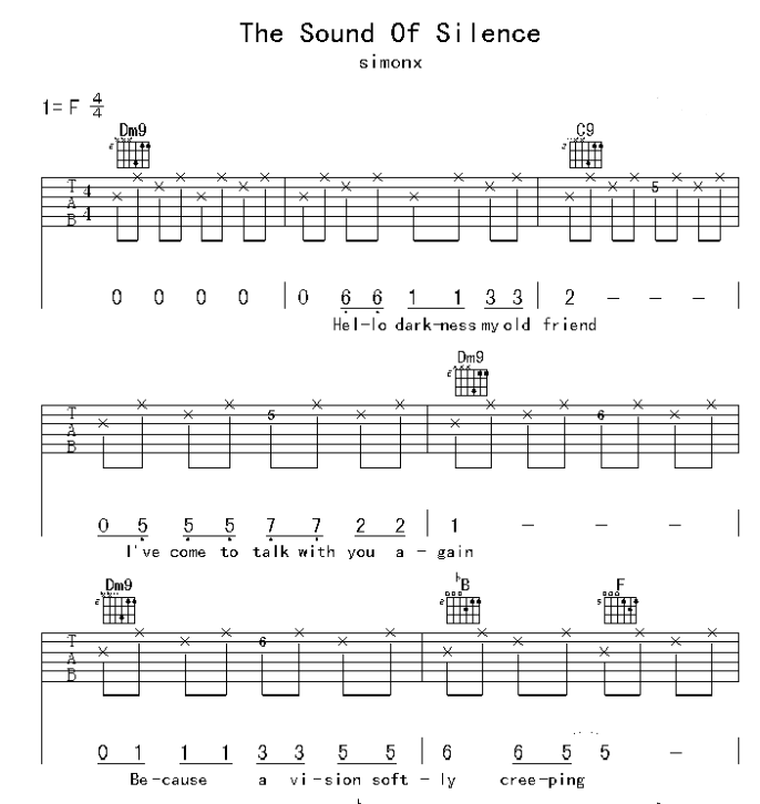 寂静之声吉他谱,原版歌曲,简单F调弹唱教学,六线谱指弹简谱5张图