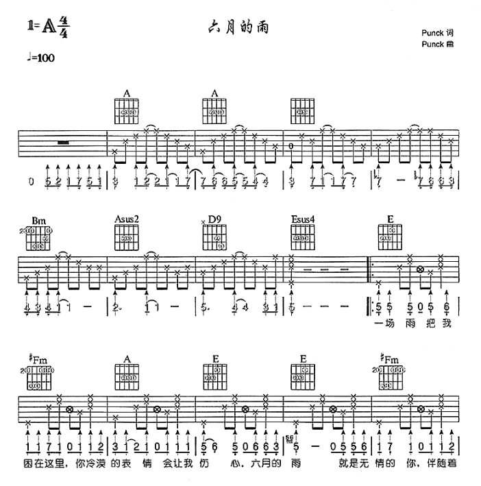 六月的雨吉他谱,原版歌曲,简单A调弹唱教学,六线谱指弹简谱4张图