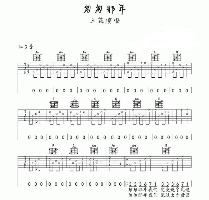匆匆那年吉他谱,原版歌曲,简单C调弹唱教学,六线谱指弹简谱5张图