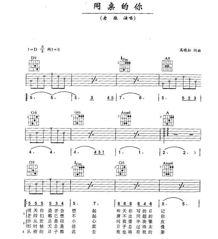 同桌的你吉他谱,原版歌曲,简单D调弹唱教学,六线谱指弹简谱4张图