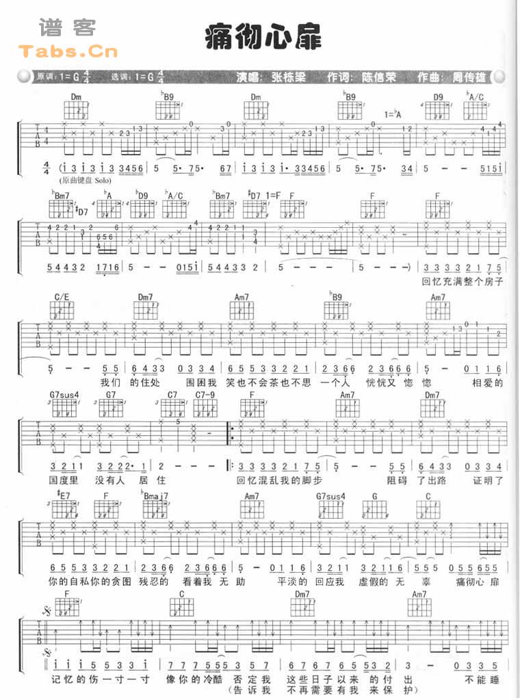 痛彻心扉吉他谱,简单C调原版指弹曲谱,张栋梁高清流行弹唱经典版六线乐谱