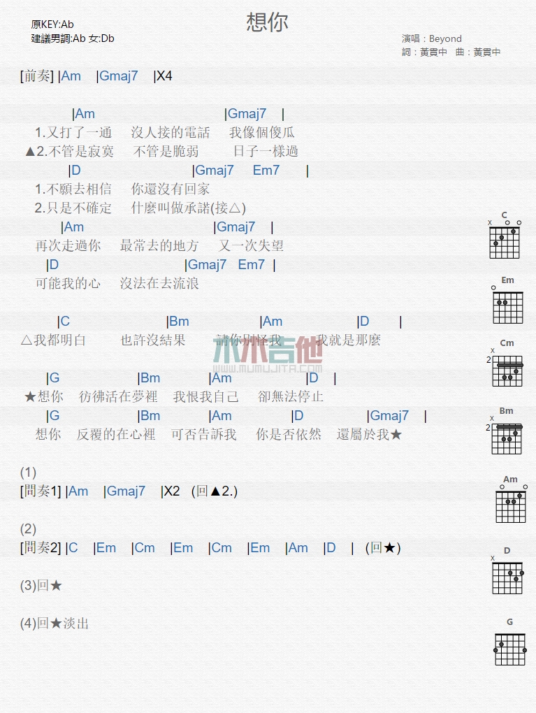 想你吉他谱,简单C调原版指弹曲谱,Beyond高清流行弹唱六线乐谱