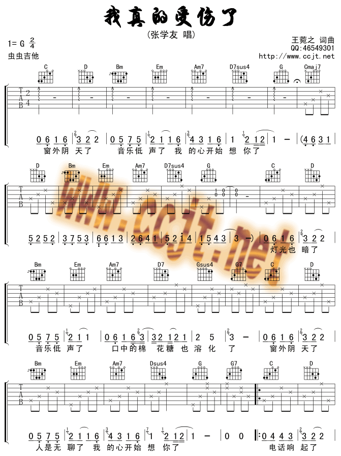 我真的受伤了吉他普-精华版高清版吉他谱,原版歌曲,简单G调弹唱教学,六线谱指弹简谱2张图