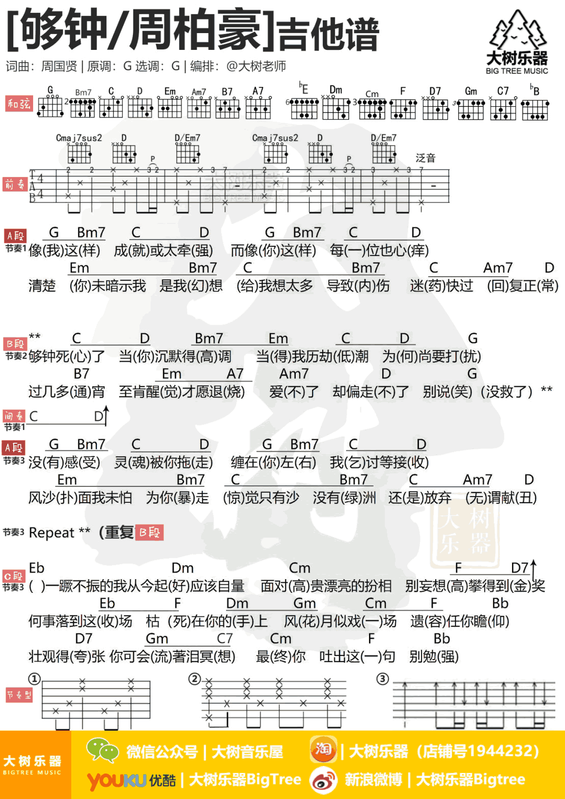 周柏豪够钟吉他谱,简单C调原版指弹曲谱,周柏豪高清六线乐谱