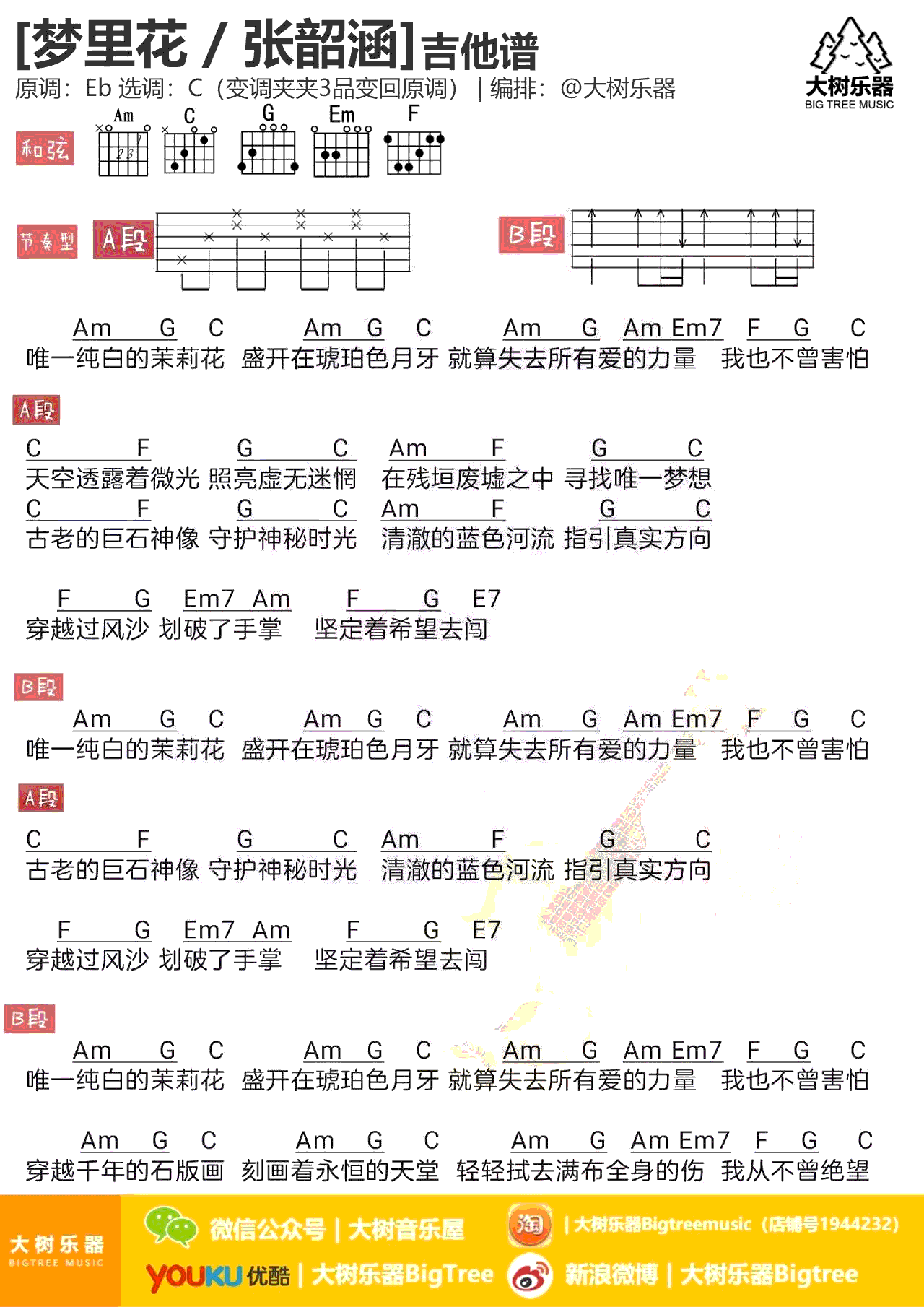 张韶涵梦里花吉他谱,简单C调原版指弹曲谱,张韶涵高清六线乐谱