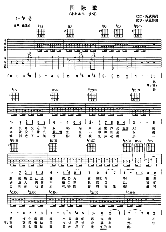 国际歌吉他谱,原版歌曲,简单F调弹唱教学,六线谱指弹简谱2张图
