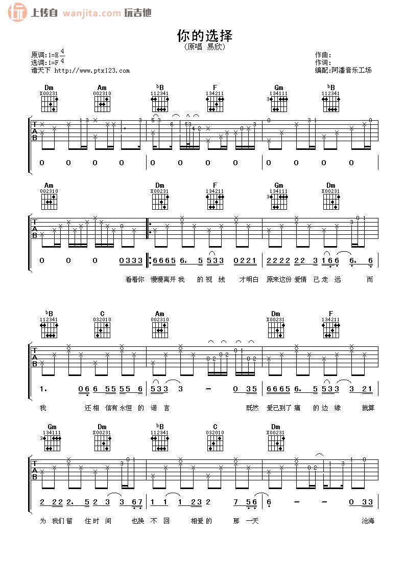 你的选择吉他谱,原版歌曲,简单F调弹唱教学,六线谱指弹简谱2张图