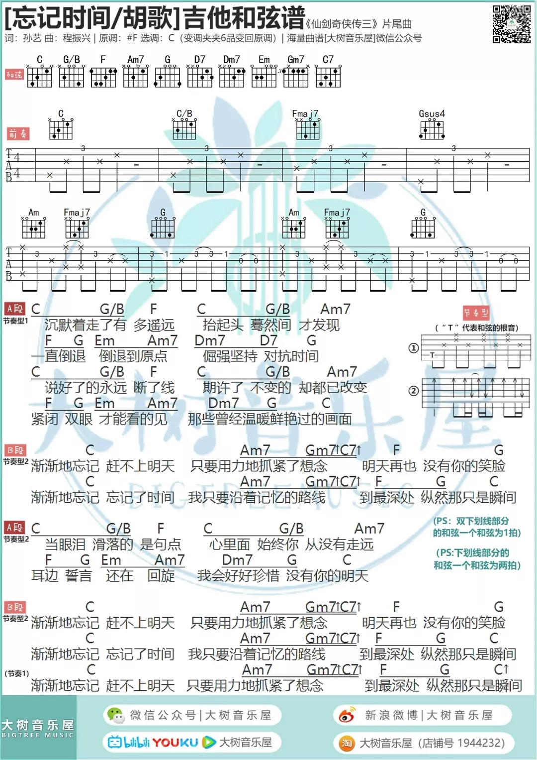 忘记时间吉他谱,简单#F原版指弹曲谱,胡歌高清流行弹唱仙剑奇侠传三片尾曲六线乐谱