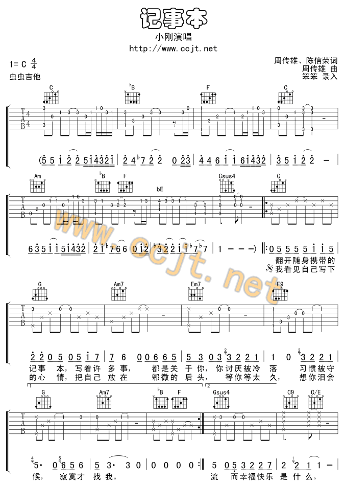 记事本吉他谱,原版歌曲,简单C调弹唱教学,六线谱指弹简谱2张图