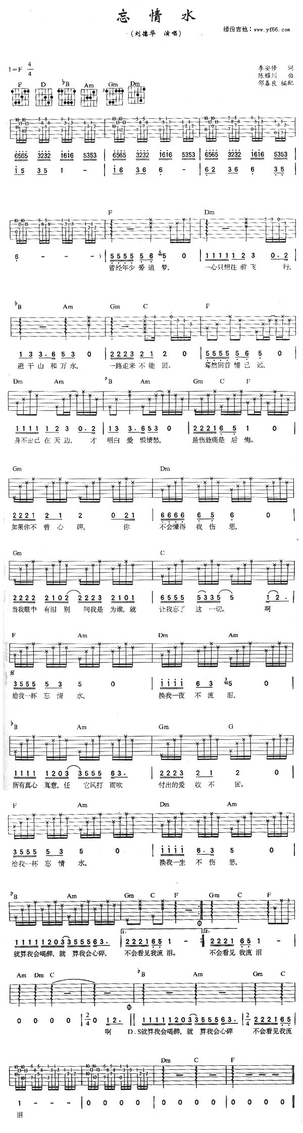忘情水吉他谱,原版歌曲,简单F调弹唱教学,六线谱指弹简谱1张图