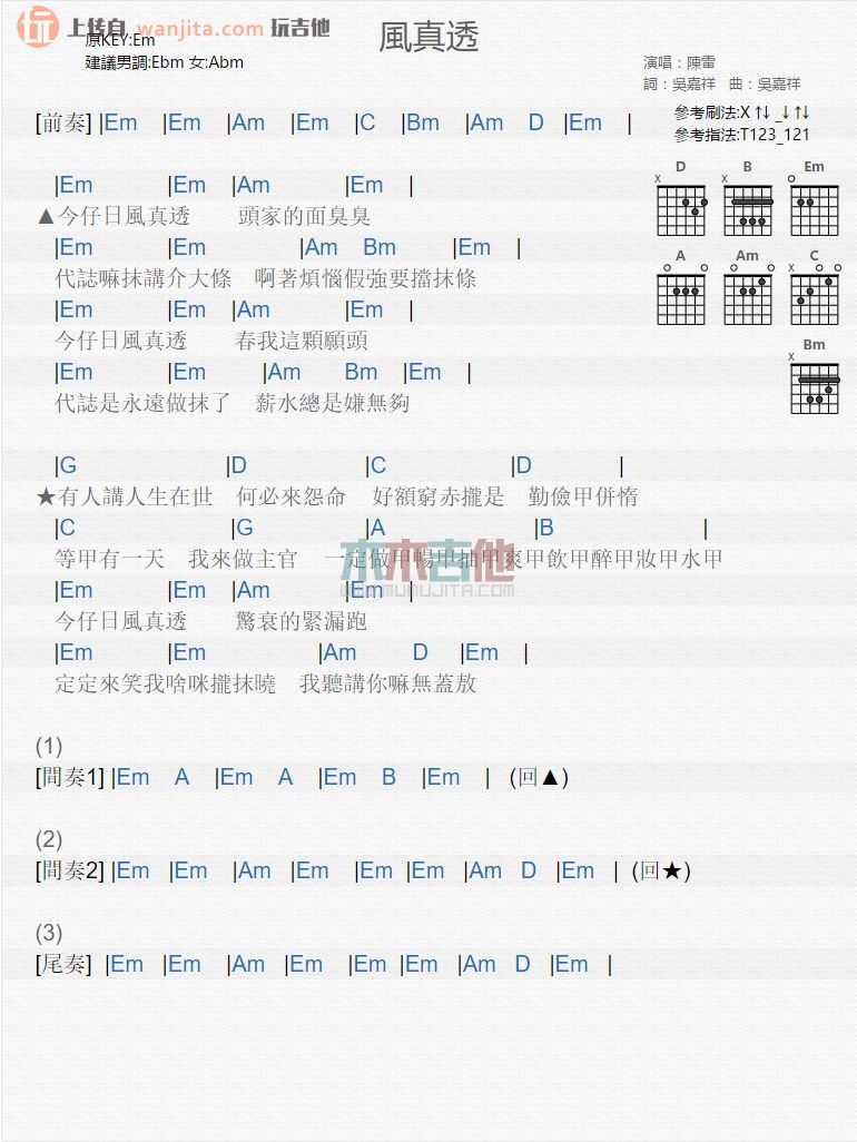 风真透吉他谱,原版歌曲,简单未知调弹唱教学,六线谱指弹简谱1张图