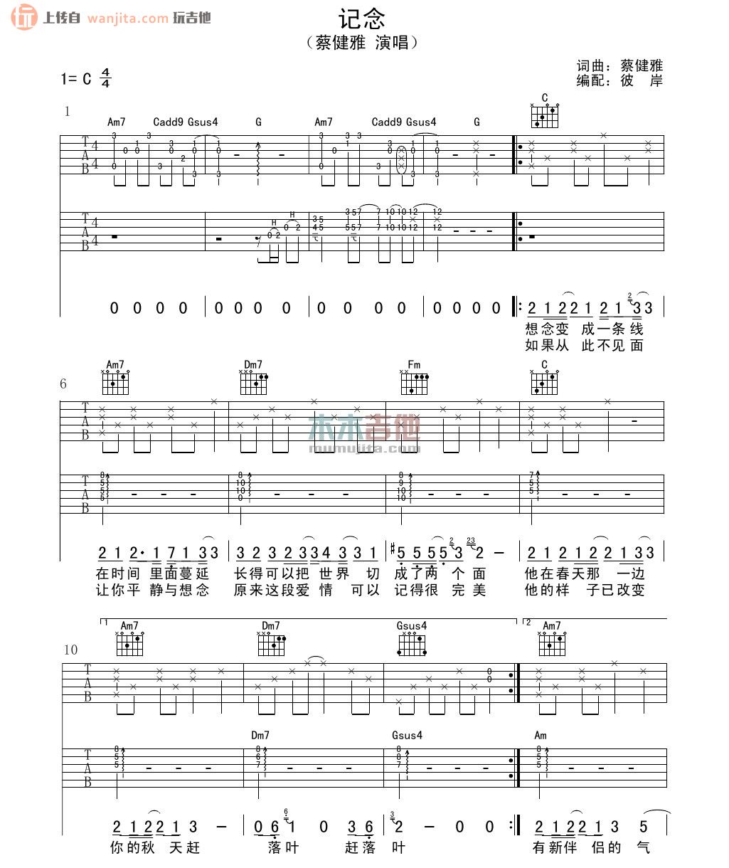 纪念吉他谱,原版歌曲,简单未知调弹唱教学,六线谱指弹简谱2张图